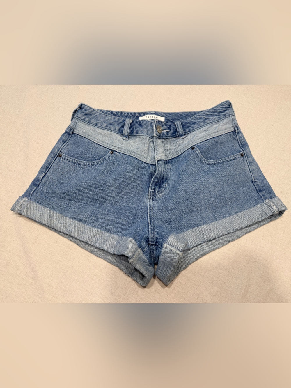 PacSun Two-Tone Rolled Hem Denim Shorts - Light & Medium Blue